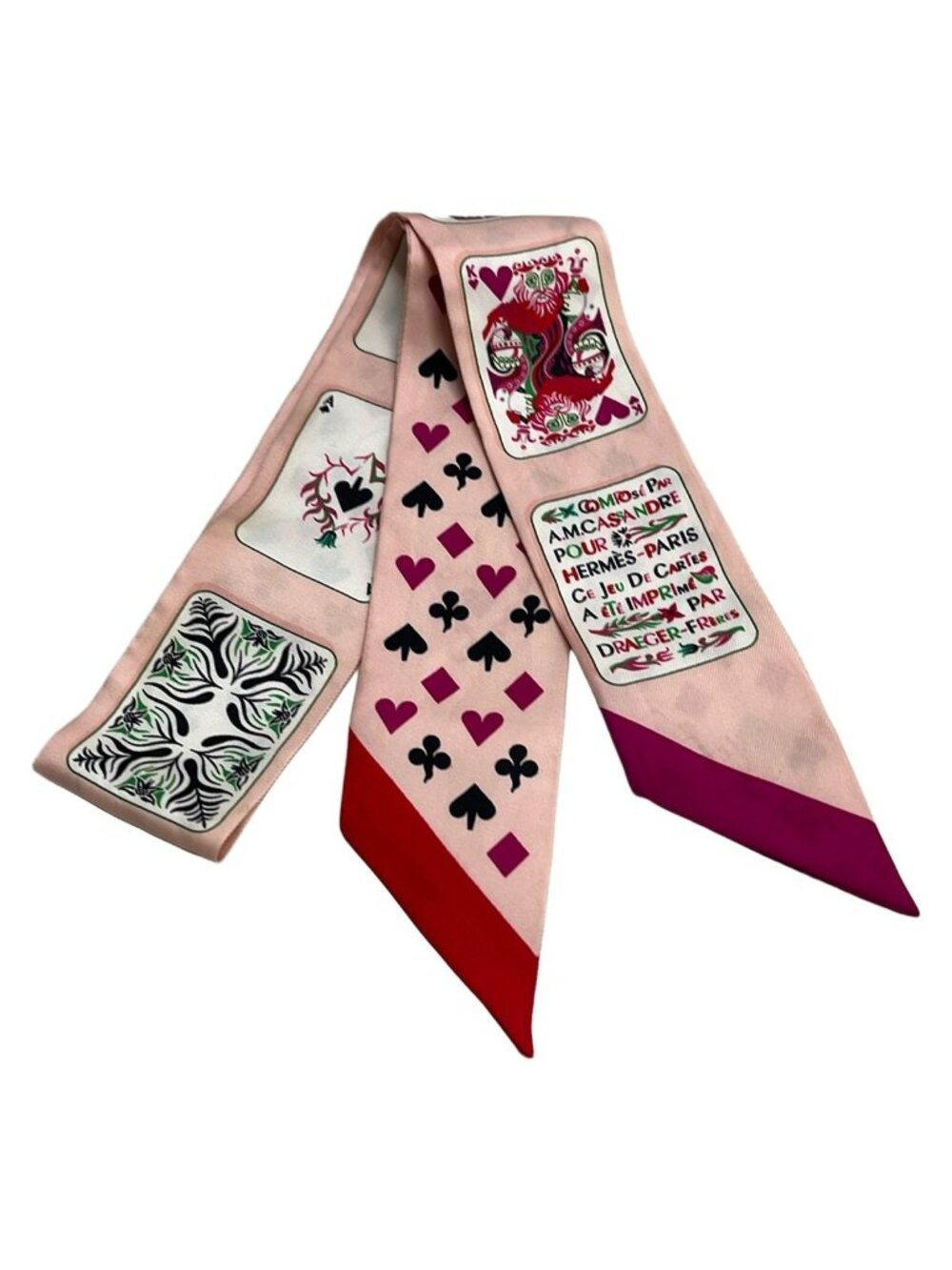 Hermes Scarf Twilly Light Pink Ivory Multi Ribbon Playing Cards Pattern